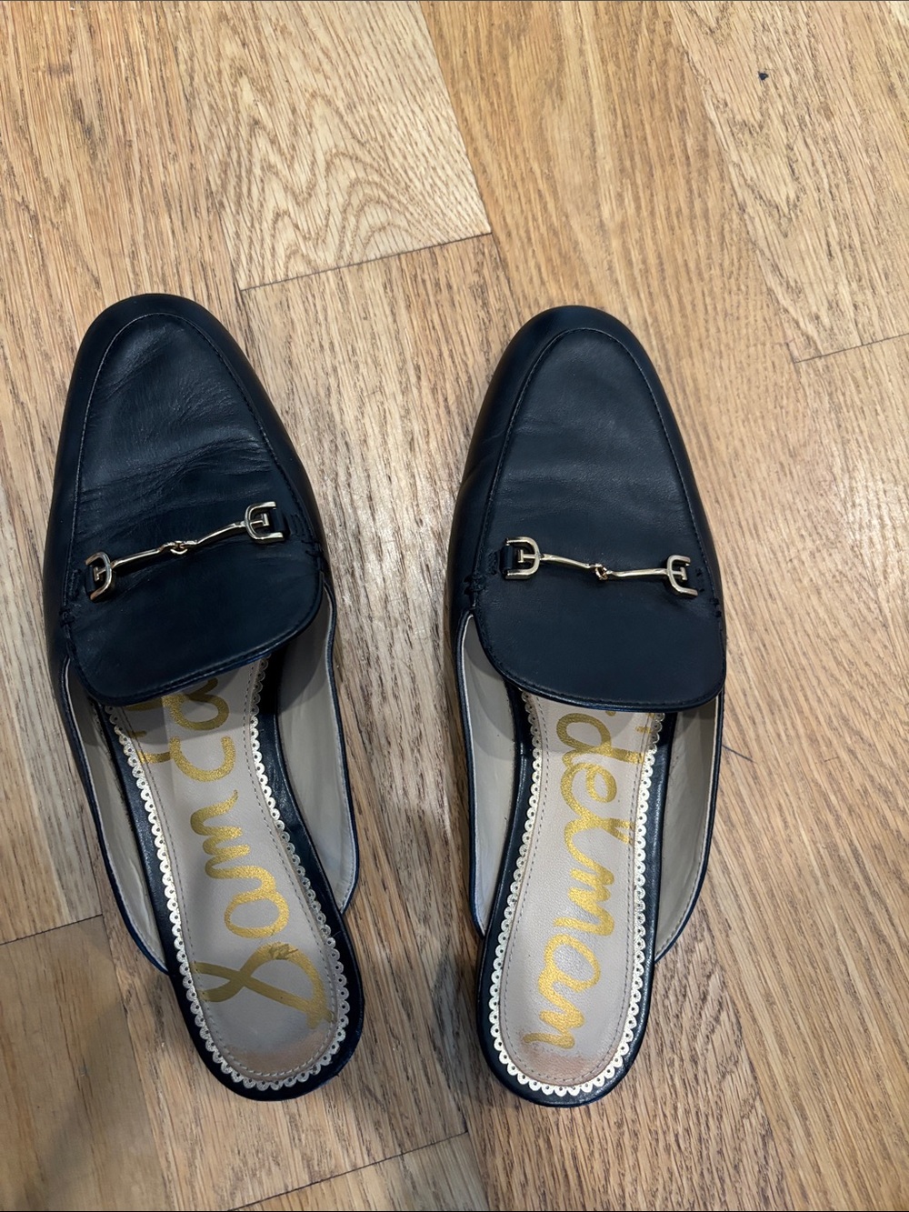 Sam Edelman Black Leather Slip-On Mules with Gold Horsebit